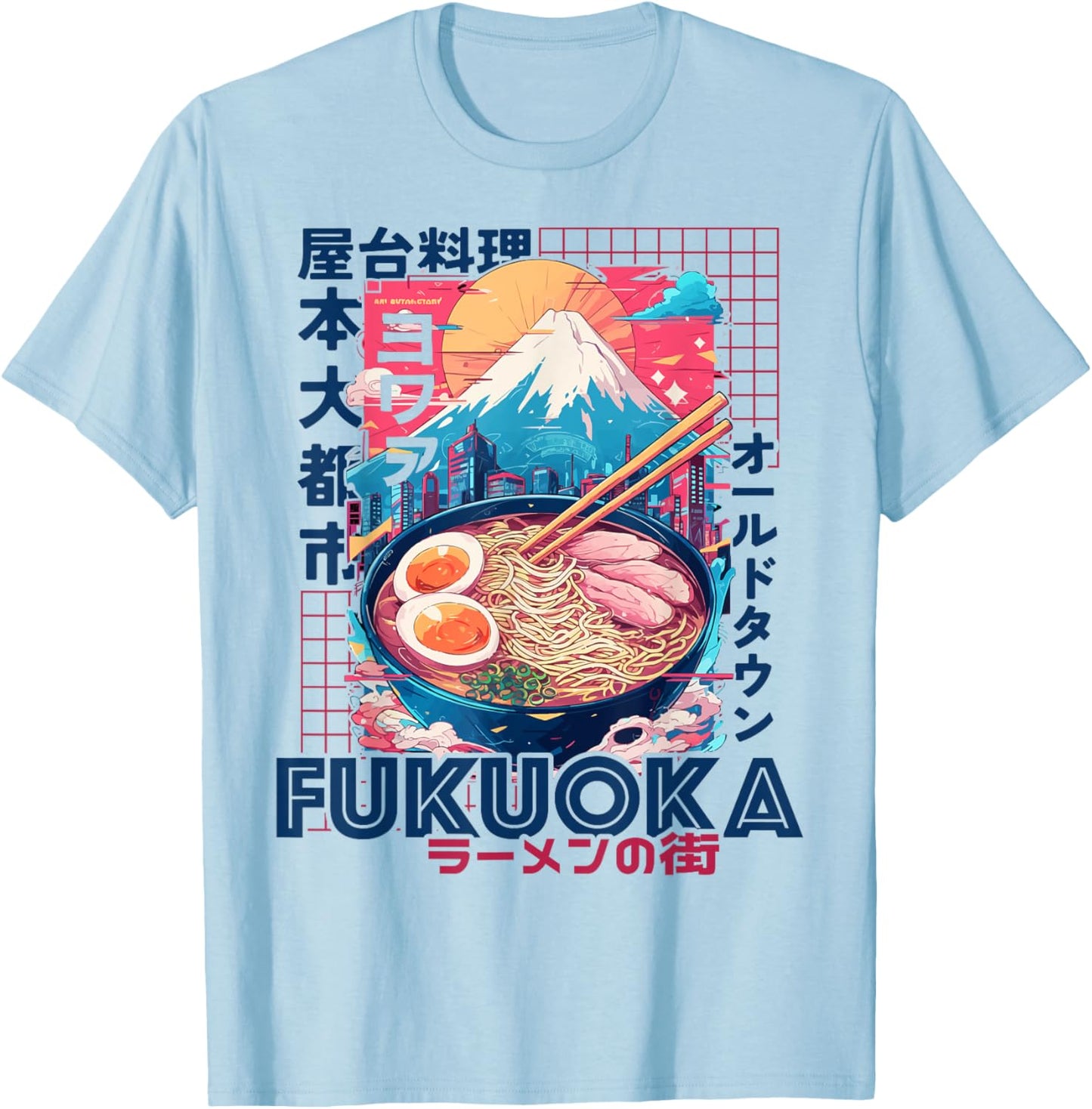 Fukuoka City 80s Synthwave Ramen Bowl of Japan T-Shirt - T-Shirt | Light Blue