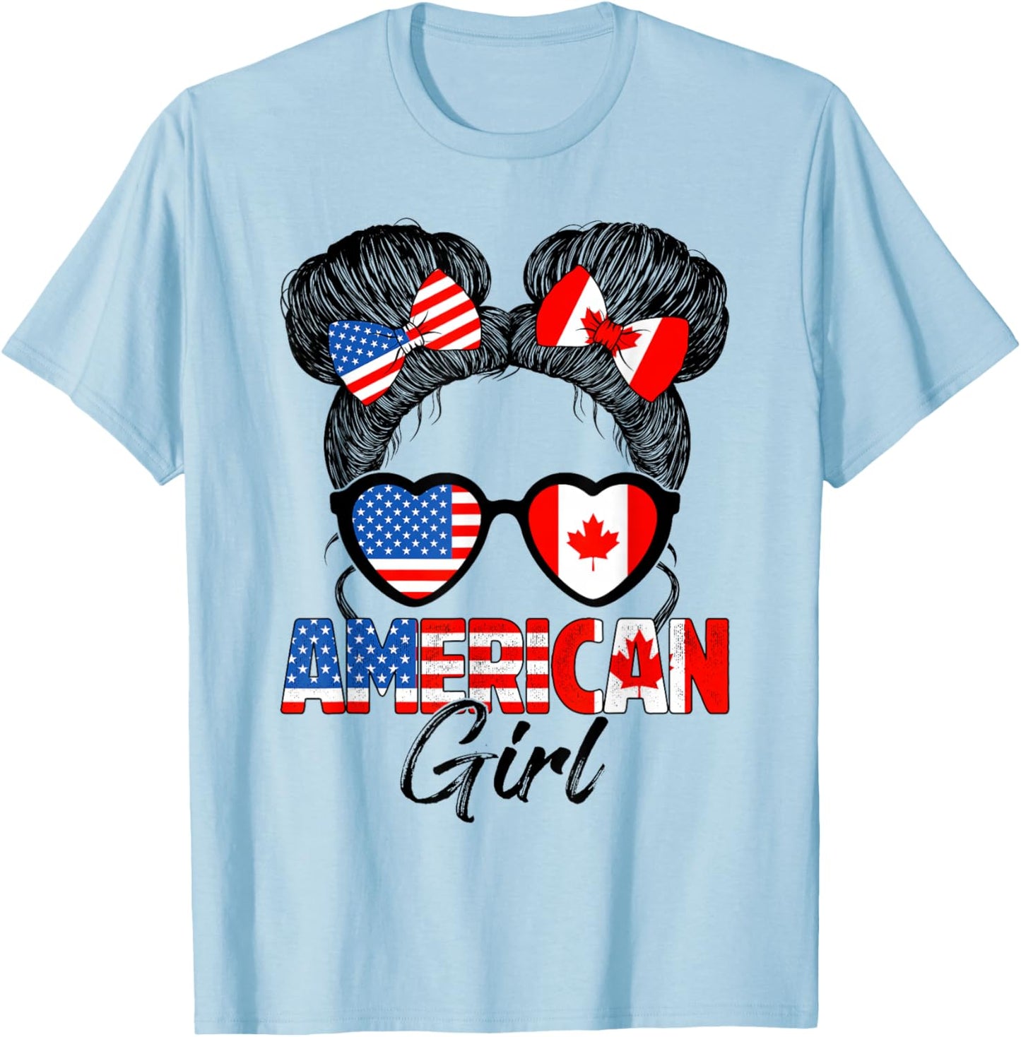 Messy Bun Hair American Canadian Girl Canada Pride Girls T-Shirt - T-Shirt | Light Blue