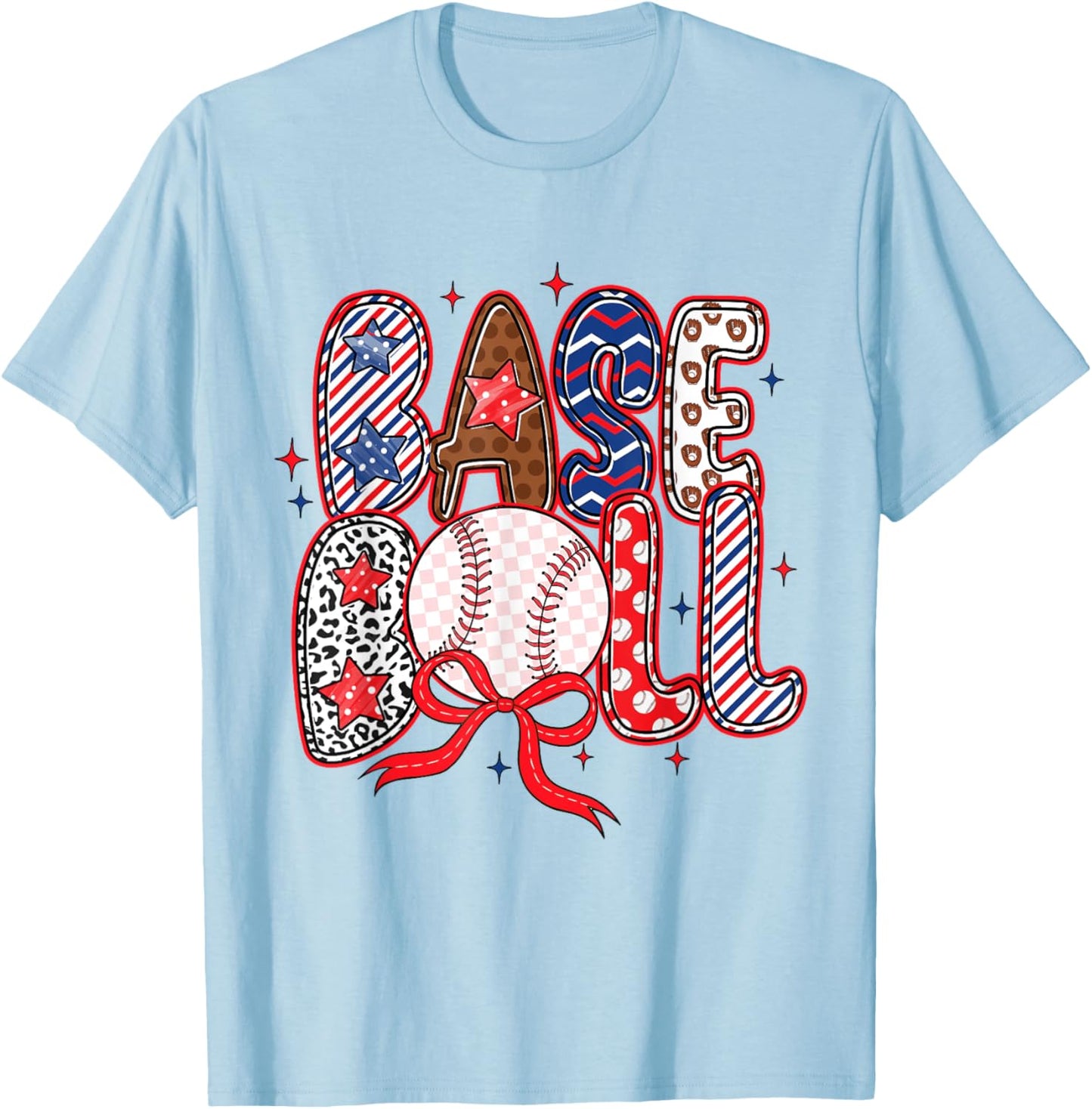 Coquette Bow Baseball Game Day Baseball Mom Mama Girls Kids T-Shirt - T-Shirt | Light Blue