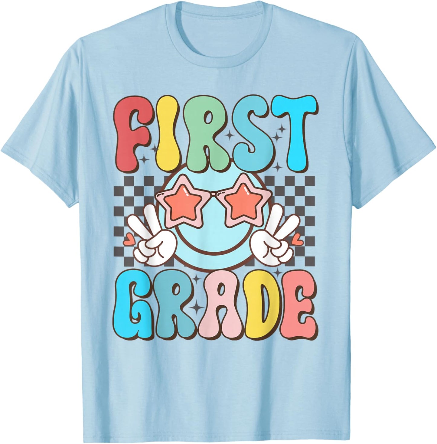 First Grade Retro Groovy Smile Face 1st Grade Teacher Women T-Shirt - T-Shirt | Light Blue