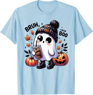 Bruh I Mean Boo Funny Ghost Jack O Lantern Coffee Halloween T-Shirt - T-Shirt | Light Blue