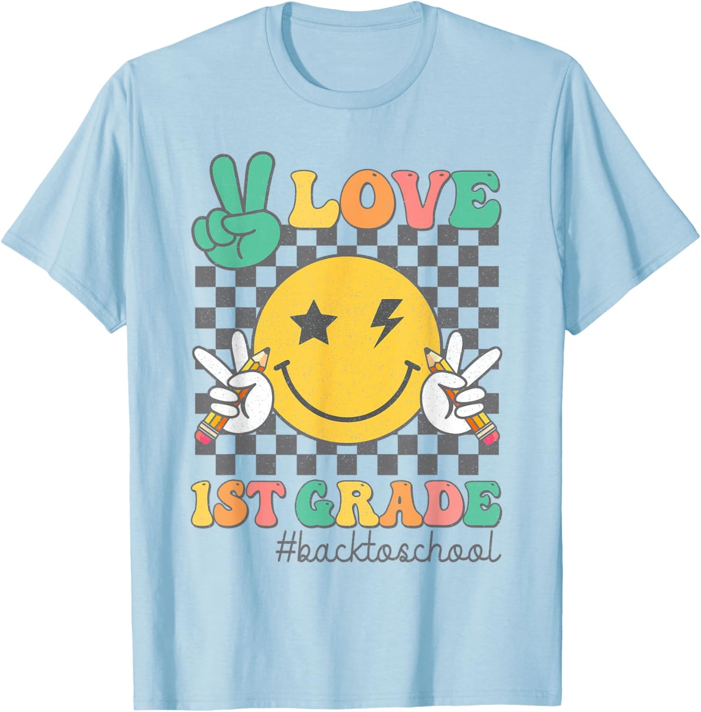 Peace Love 1st Grade Smile Face Back To School First Grade T-Shirt - T-Shirt | Light Blue