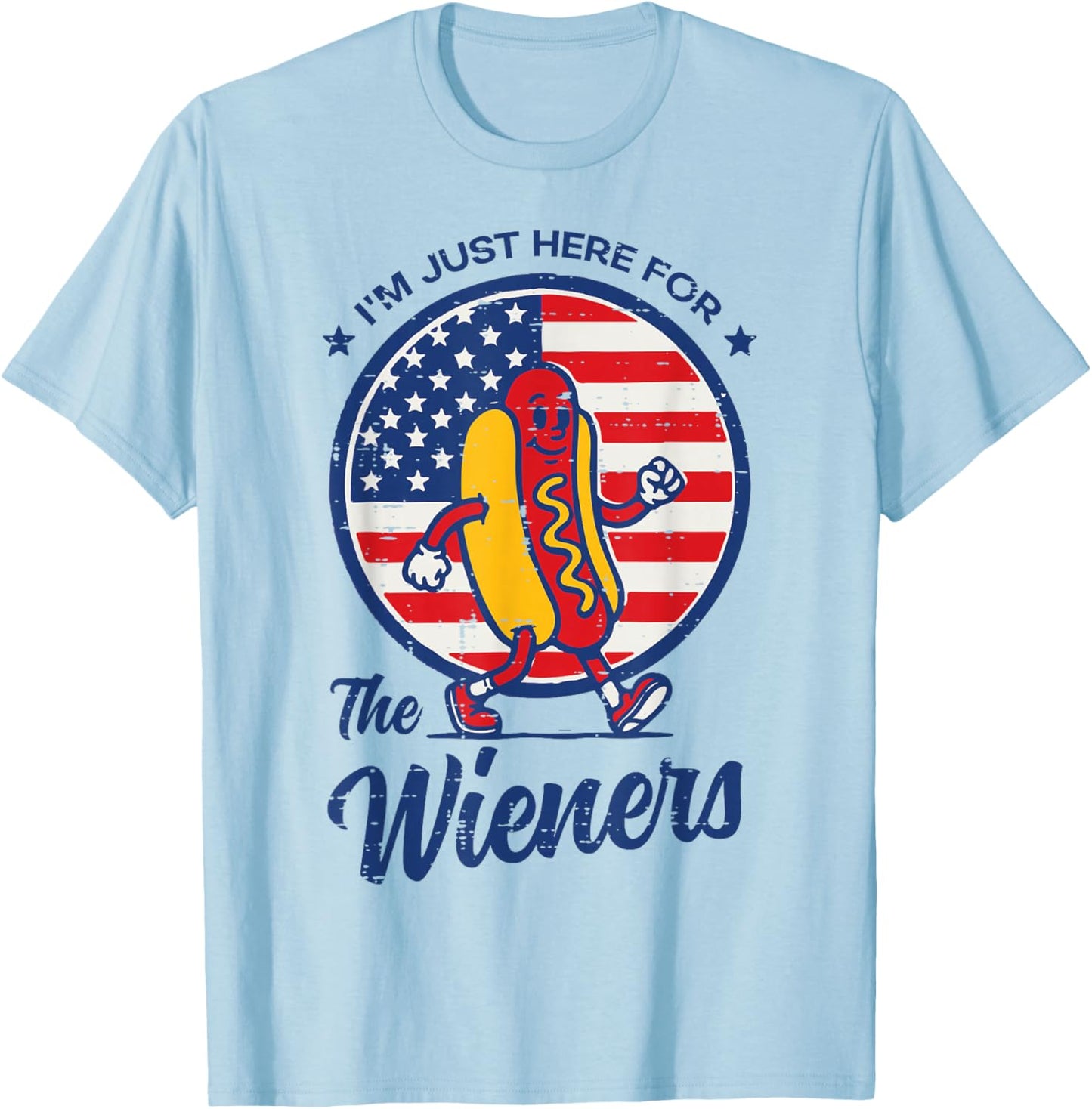 Here for Wieners Hotdog US Flag 4th of July Men Women Kids T-Shirt - T-Shirt | Light Blue