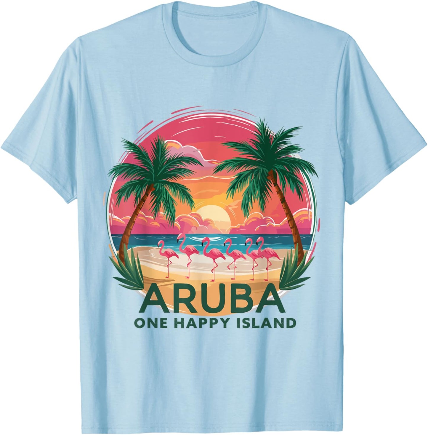 Aruba's One Happy Island beautiful sunset beach Flamingo T-Shirt - T-Shirt | Light Blue