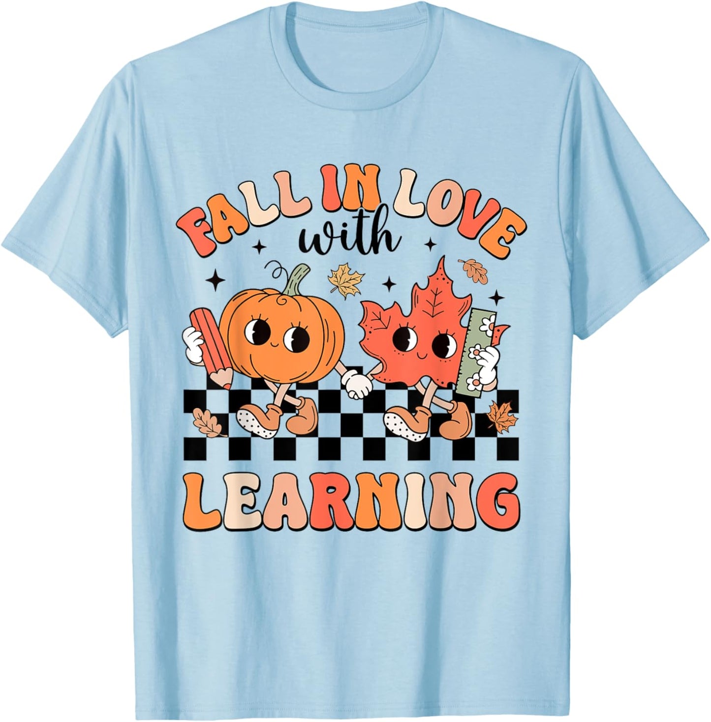 Retro Fall In Love With Learning Autumn Pumpkin Teacher T-Shirt - T-Shirt | Light Blue