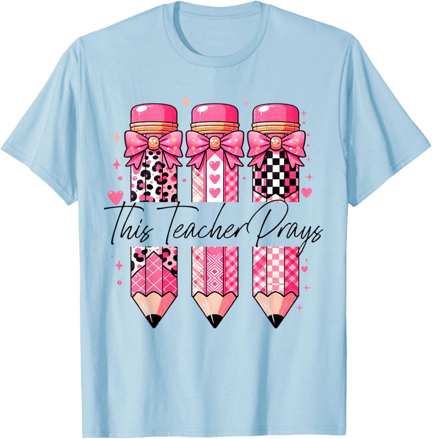 Christian This Teacher Prays Cute Pink Coquette Bow Popular T-Shirt - T-Shirt | Light Blue