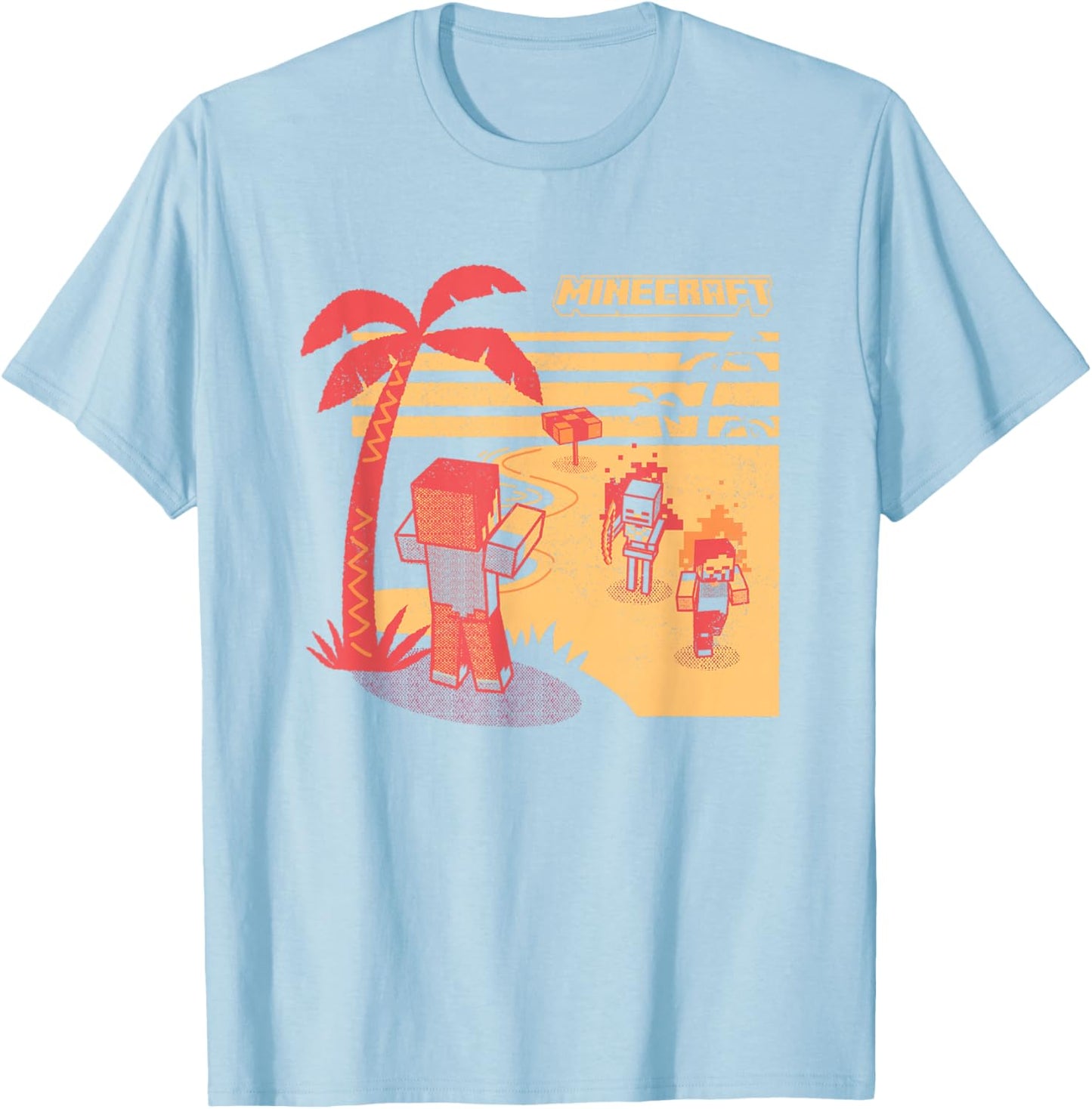Minecraft Mobs Invading The Beach Retro Poster T-Shirt - T-Shirt | Light Blue