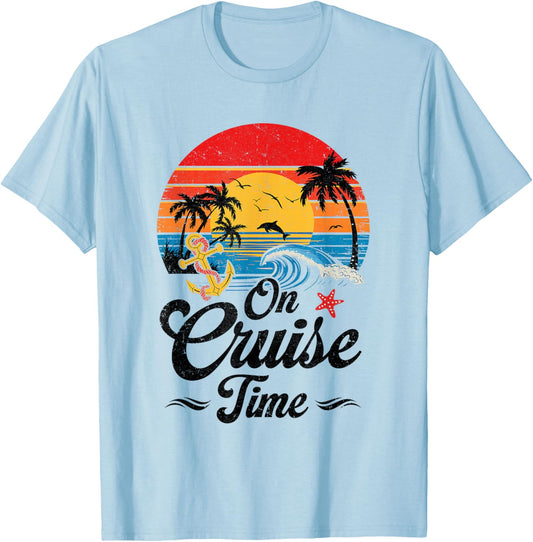 On Cruise Time Coconut Tree Graphic Summer Vacation Cruising T-Shirt - T-Shirt | Light Blue