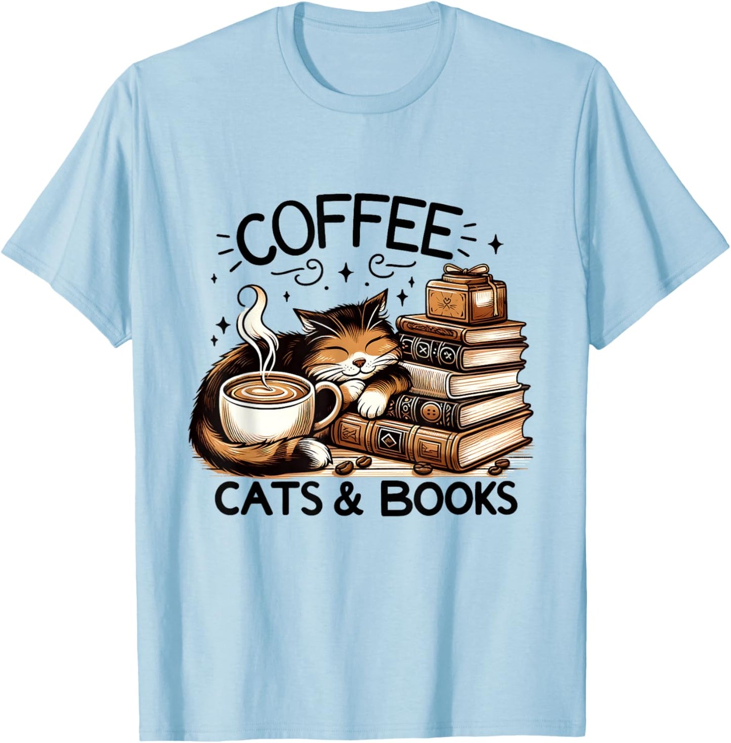 Funny Cute Coffee Cats Books Lover Gift Women Men Kids T-Shirt - T-Shirt | Light Blue