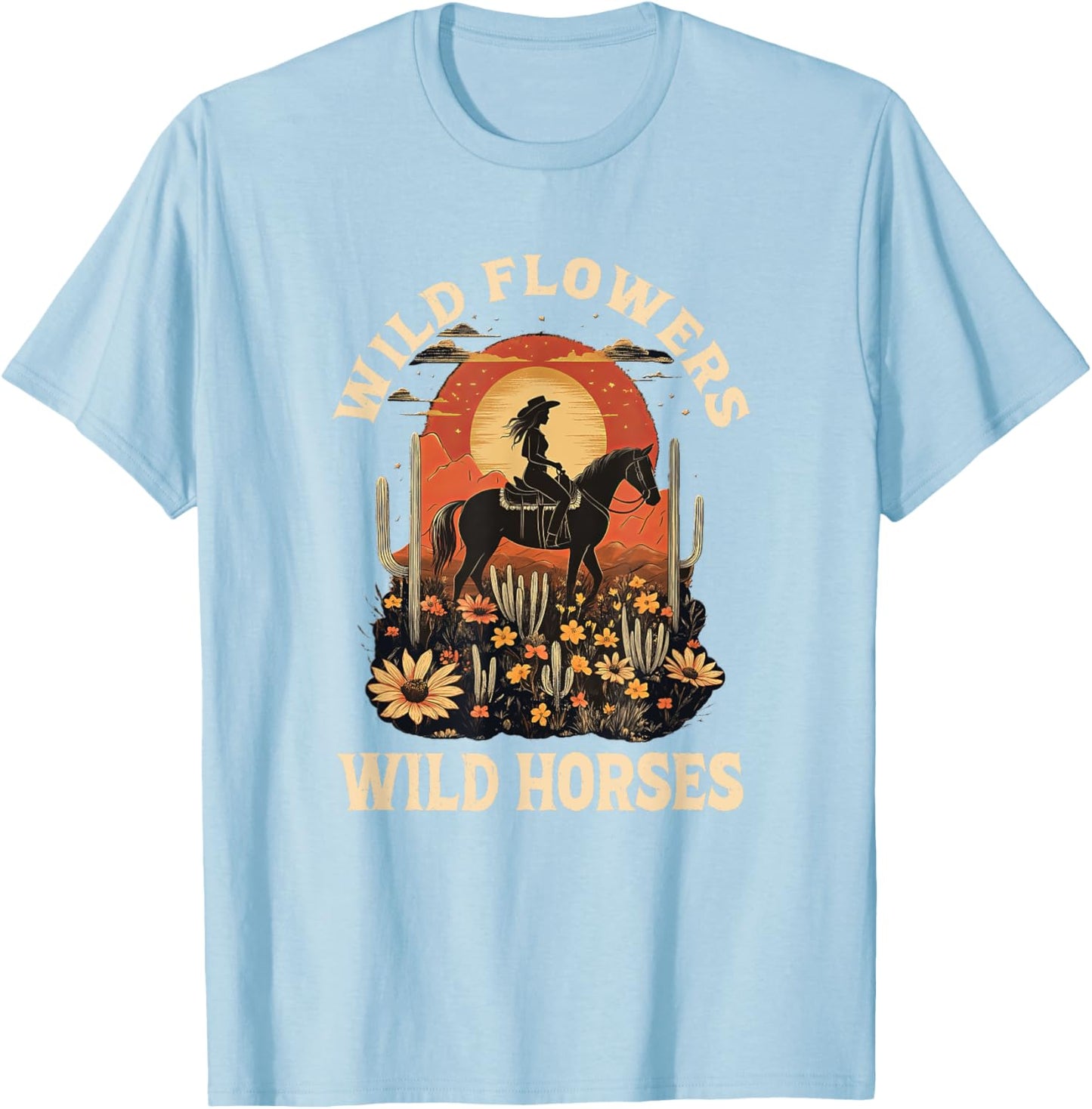 Western Sunset Cowgirl Riding Horse Wild Flowers Wild Horses T-Shirt - T-Shirt | Light Blue
