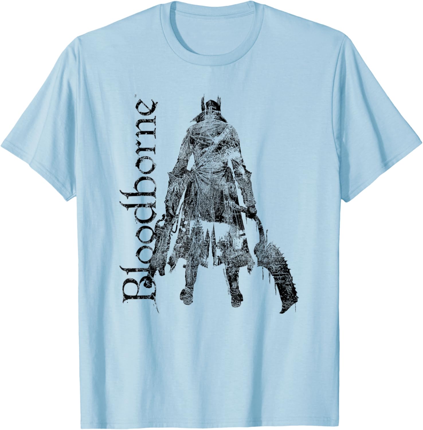 Bloodbourne Hunter Silhouette with Logo Dark Video Game T-Shirt - T-Shirt | Light Blue