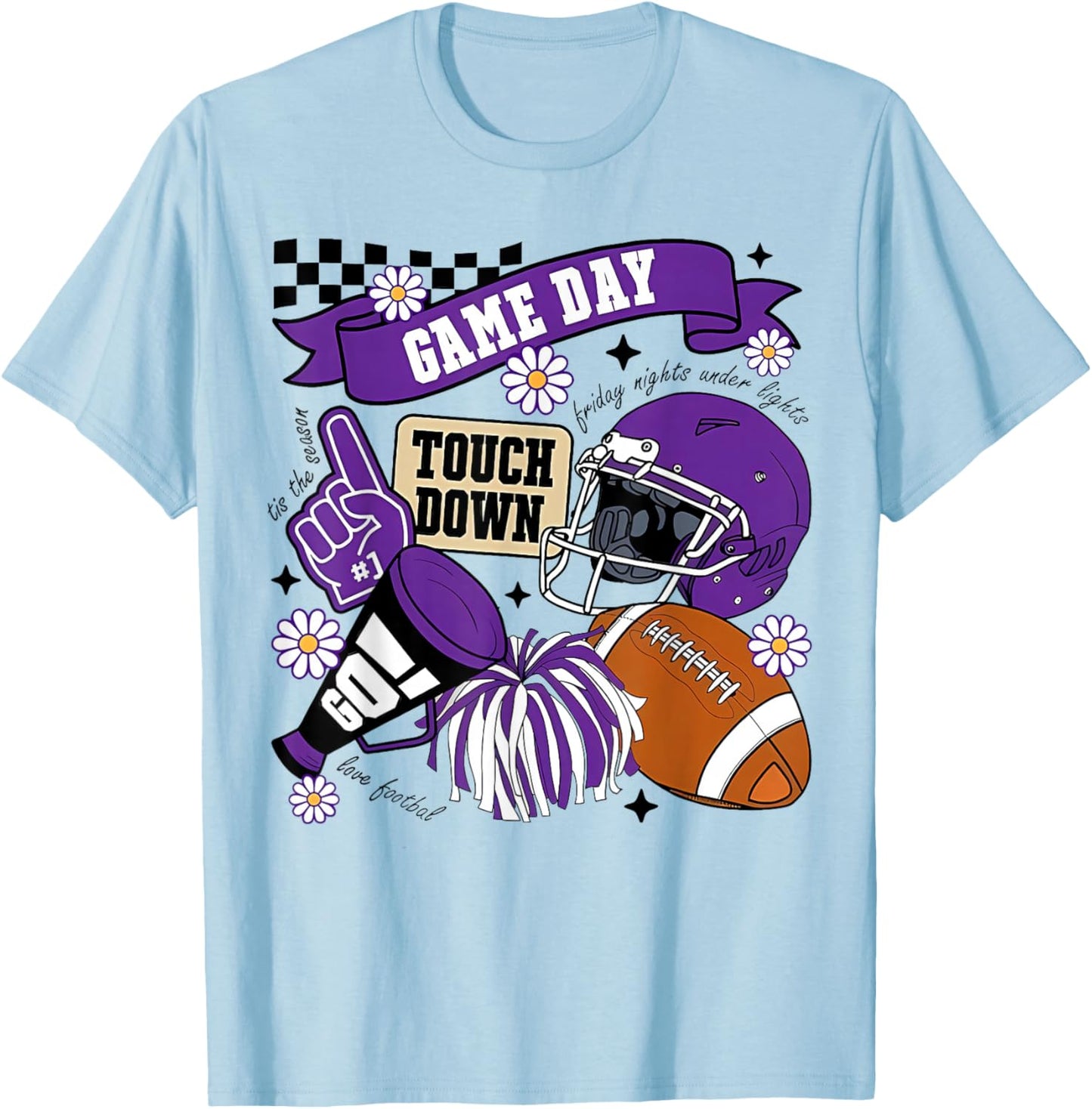 Purple Game Day Touchdown Football Lover Women Mom Men Kids T-Shirt - T-Shirt | Light Blue