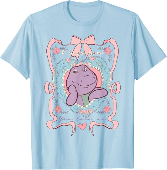 Barney I Love You Heart and Roses Floral Frame T-Shirt - T-Shirt | Light Blue