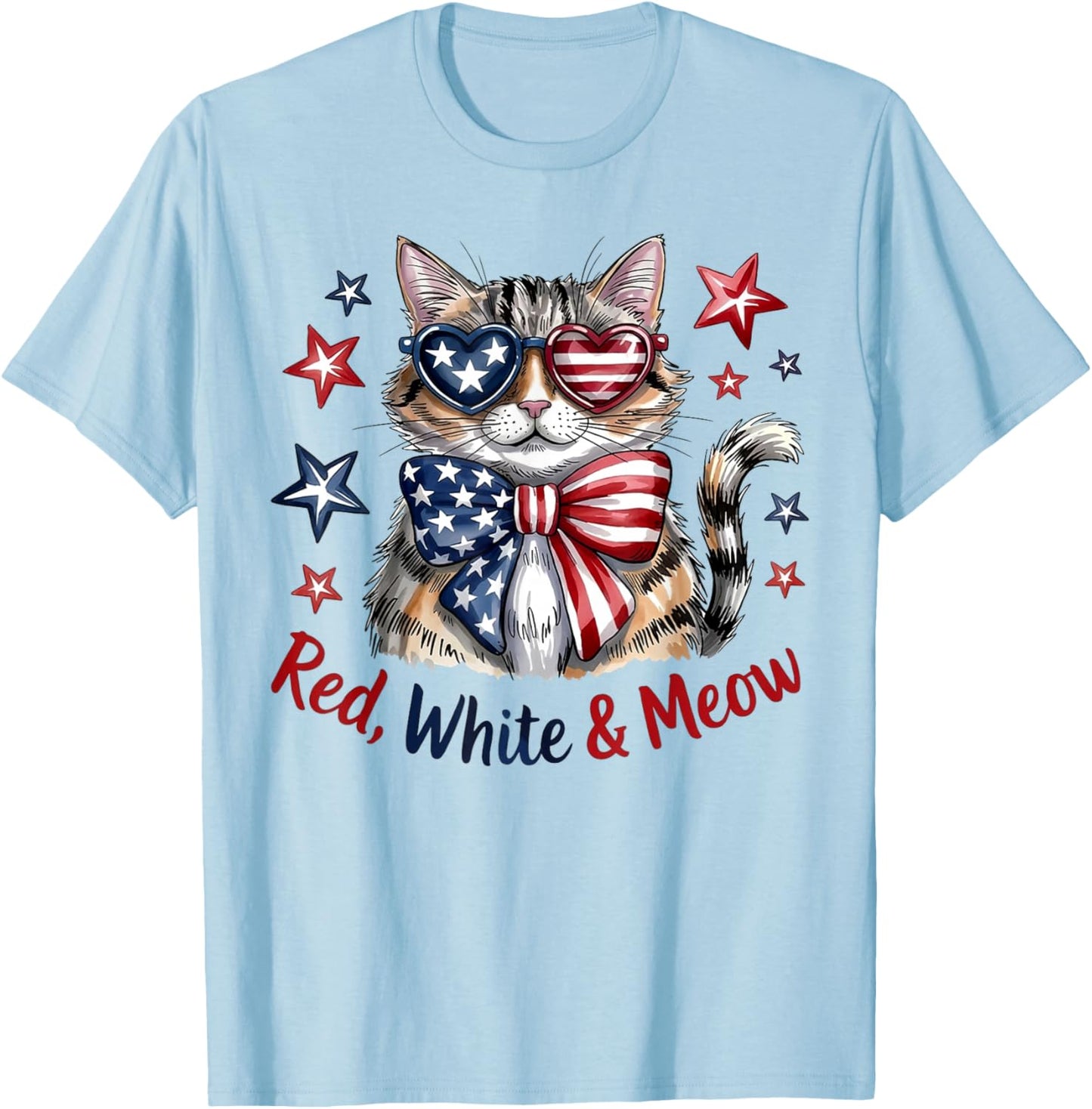 Red White and Meow Patriotic Cat American Flag 4th of July T-Shirt - T-Shirt | Light Blue