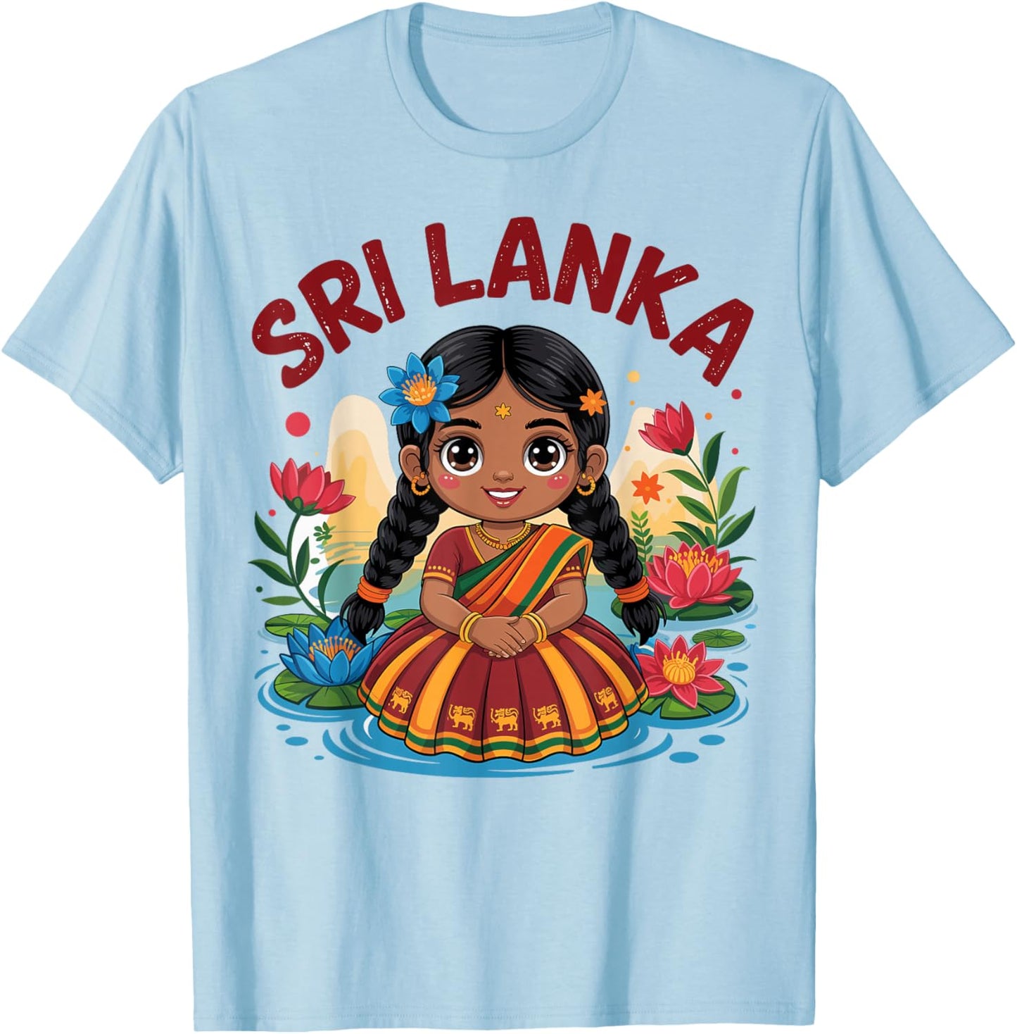 Sri Lankan Girl in Traditional Dress with Lotus Flowers Kids T-Shirt - T-Shirt | Light Blue