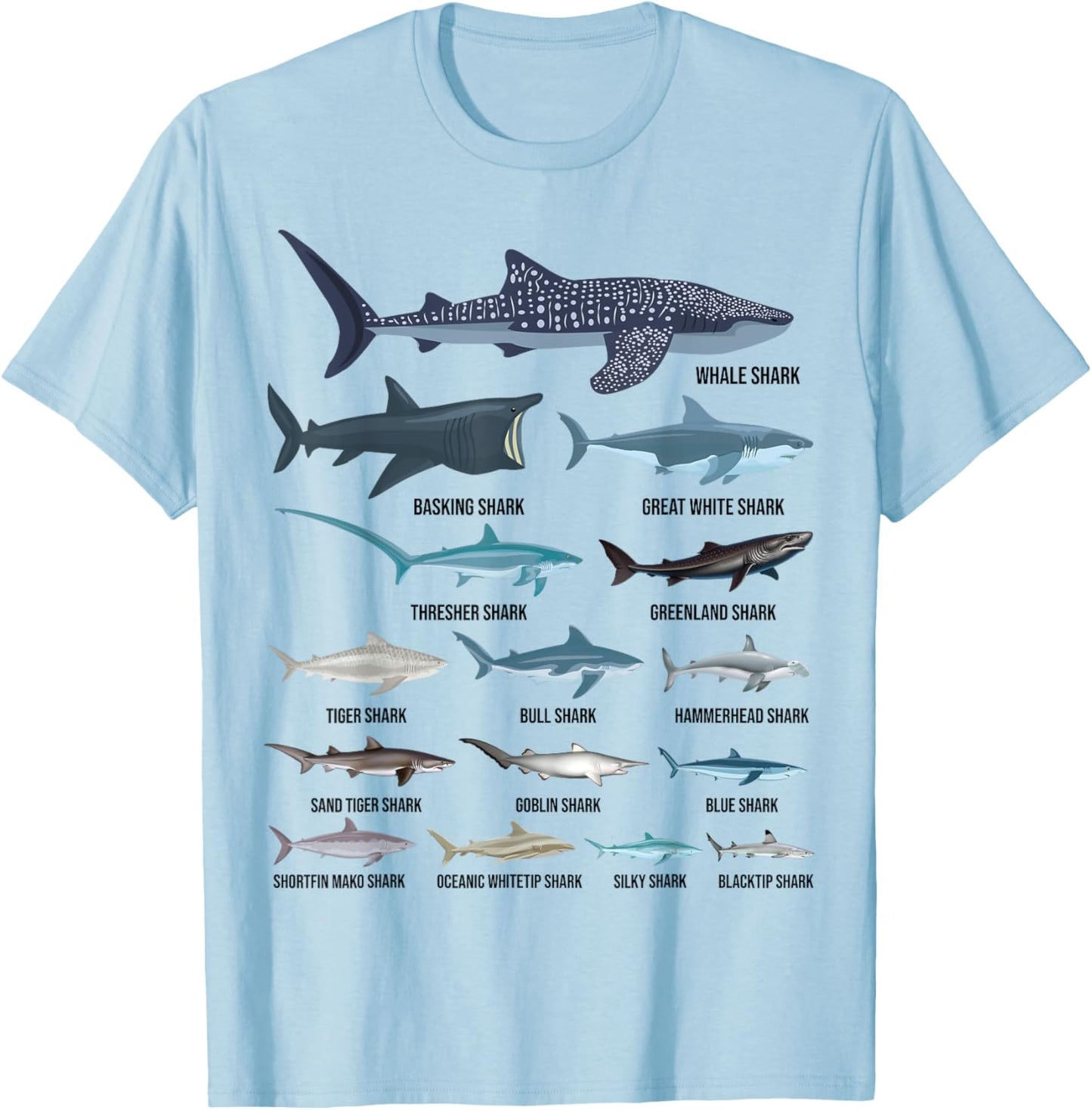 Types of Sharks Shark Species Identification Ocean Lovers T-Shirt - T-Shirt | Light Blue