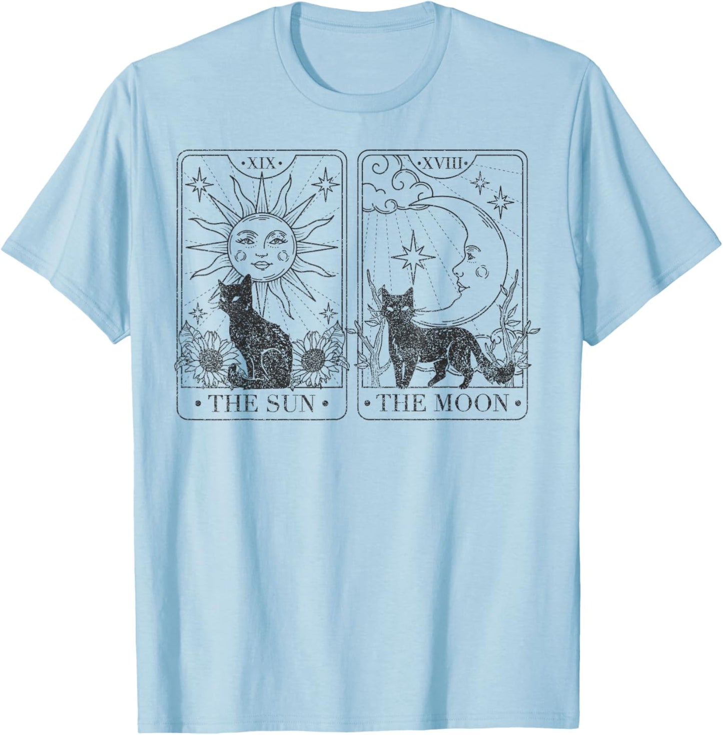 Trendy Apparel Black Cats Tarot Cards The Sun and The Moon T-Shirt - T-Shirt | Light Blue