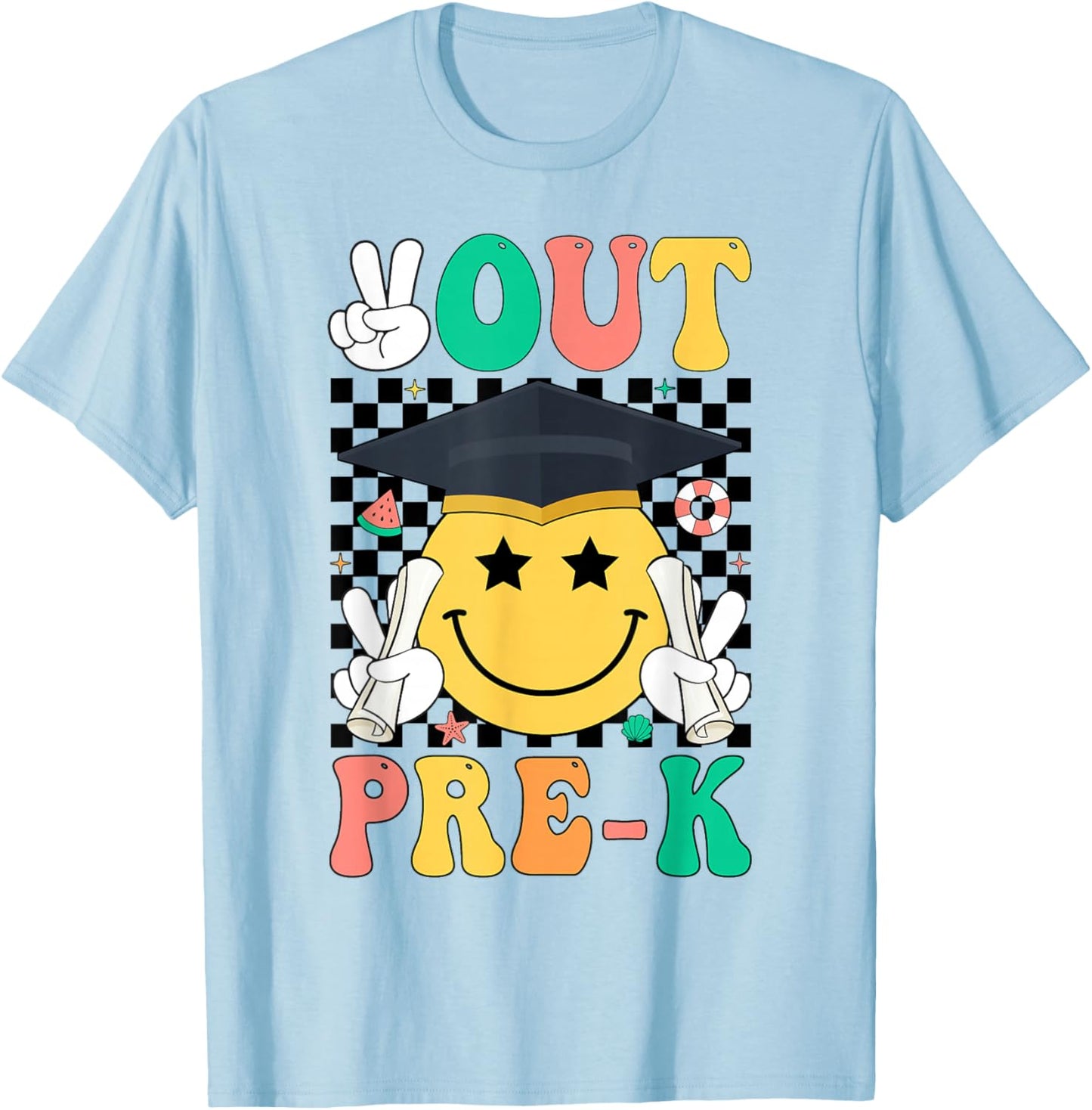 Peace Out Pre-K PreK Graduation Retro Last Day of School T-Shirt - T-Shirt | Light Blue