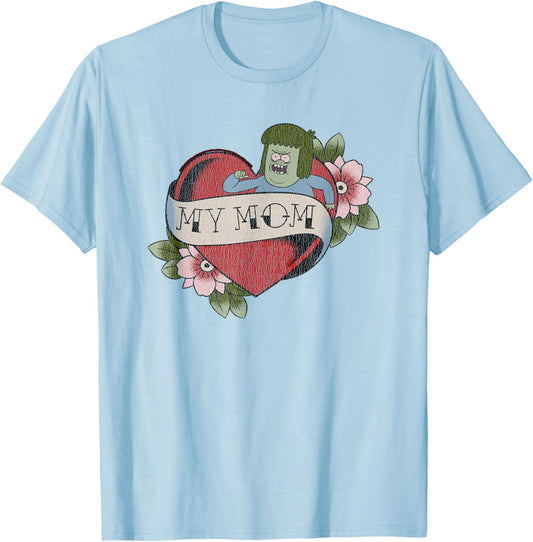 Regular Show Muscle Man My Mom Heart Tattoo Funny Cartoon T-Shirt - T-Shirt | Light Blue