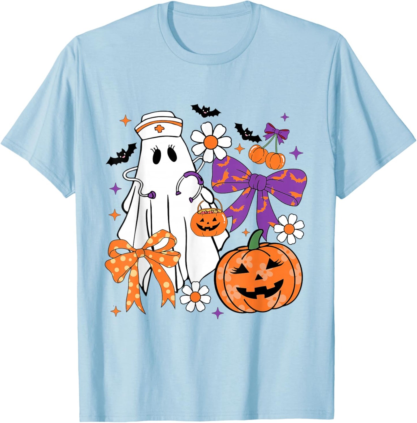 Halloween Ghost Nurse Coquette Bow Pumpkin Nursing Student T-Shirt - T-Shirt | Light Blue
