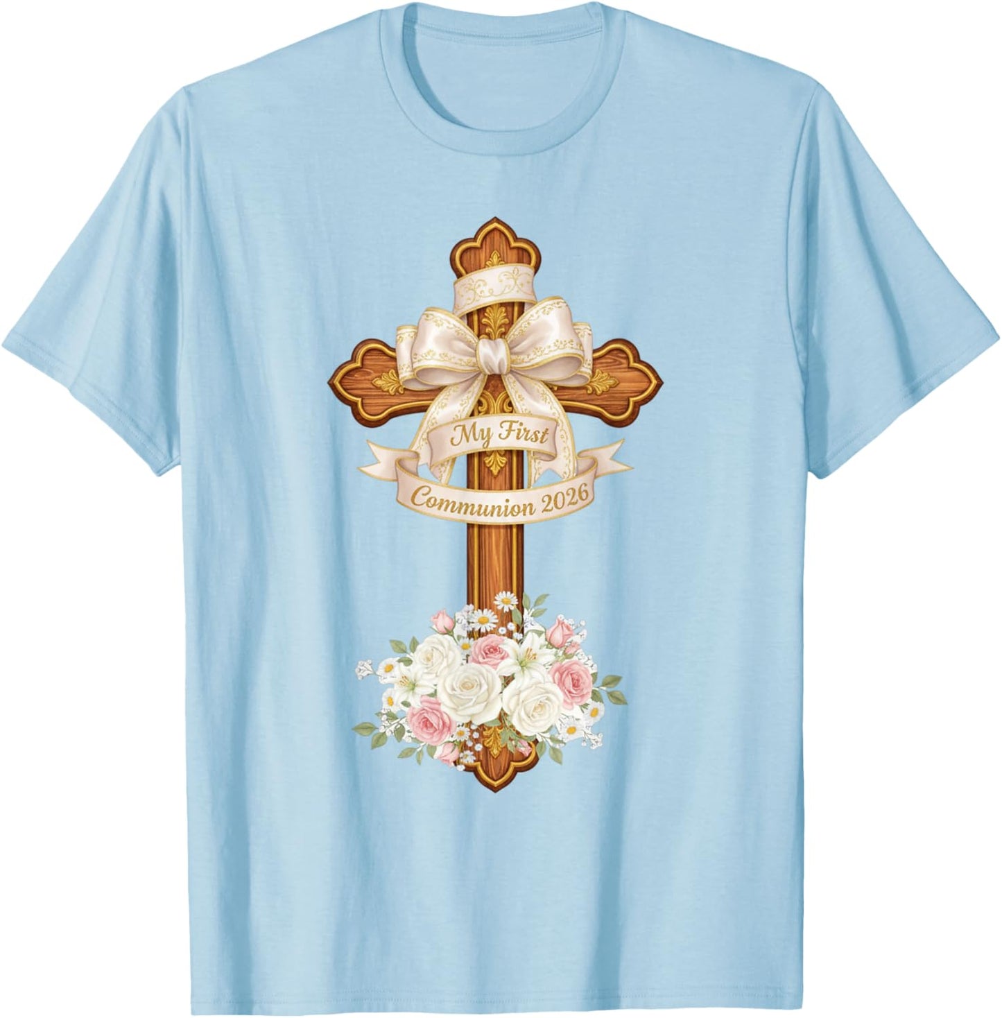 My First Communion 2026 Girls Coquette Bow Eucharist T-Shirt - T-Shirt | Light Blue