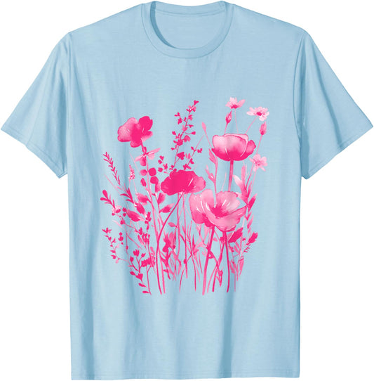 Pink Floral Shirt -Pink Flowers T-Shirt - T-Shirt | Light Blue
