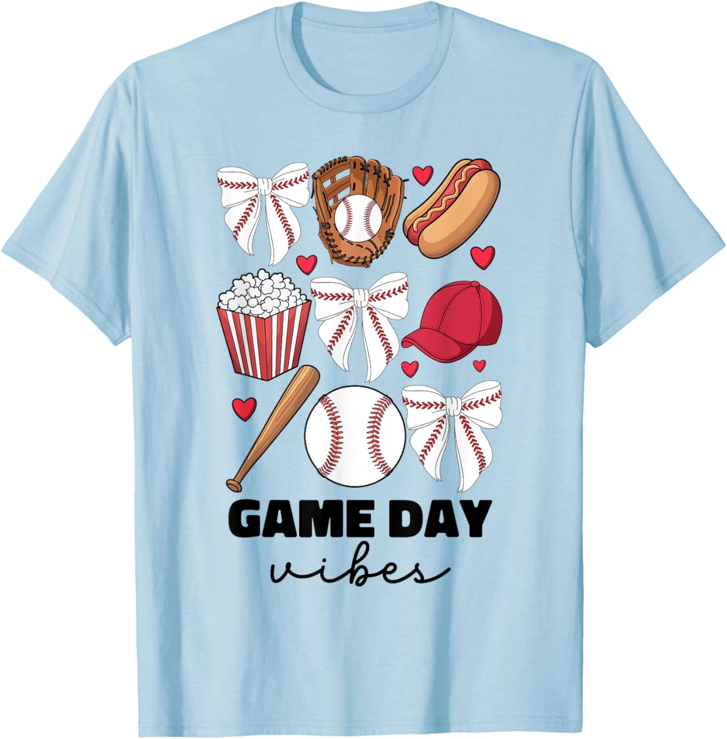 Game Day Vibes Coquette Bow Baseball Mom Women Girl Baseball T-Shirt - T-Shirt | Light Blue