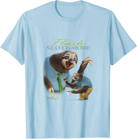 Disney Zootopia 2 Flash Slothmore Play Wild Wave with Coffee T-Shirt - T-Shirt | Light Blue