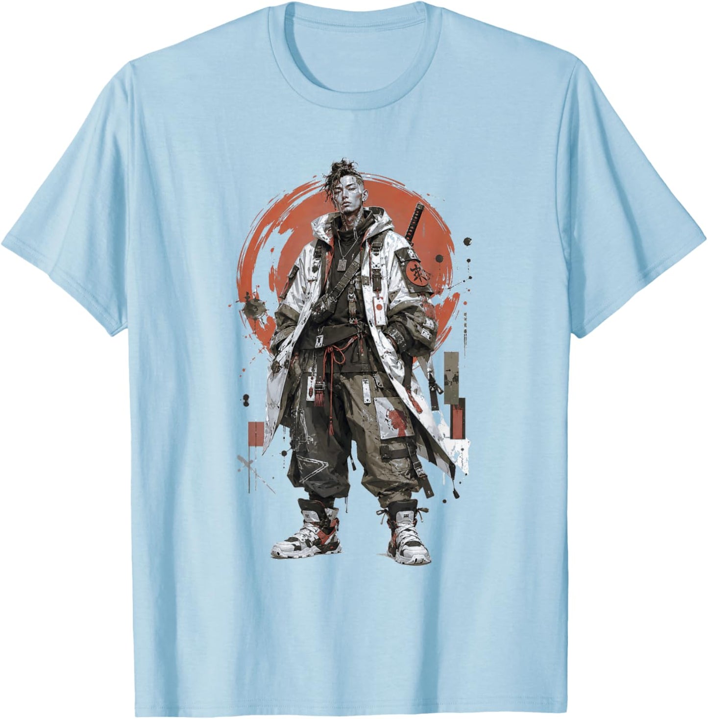 Urban Samurai Techwear Warrior Red Sun Street Art T-Shirt - T-Shirt | Light Blue