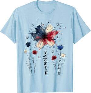250 Years Pride American Flag Flower Doodle USA Girls Women T-Shirt - T-Shirt | Light Blue