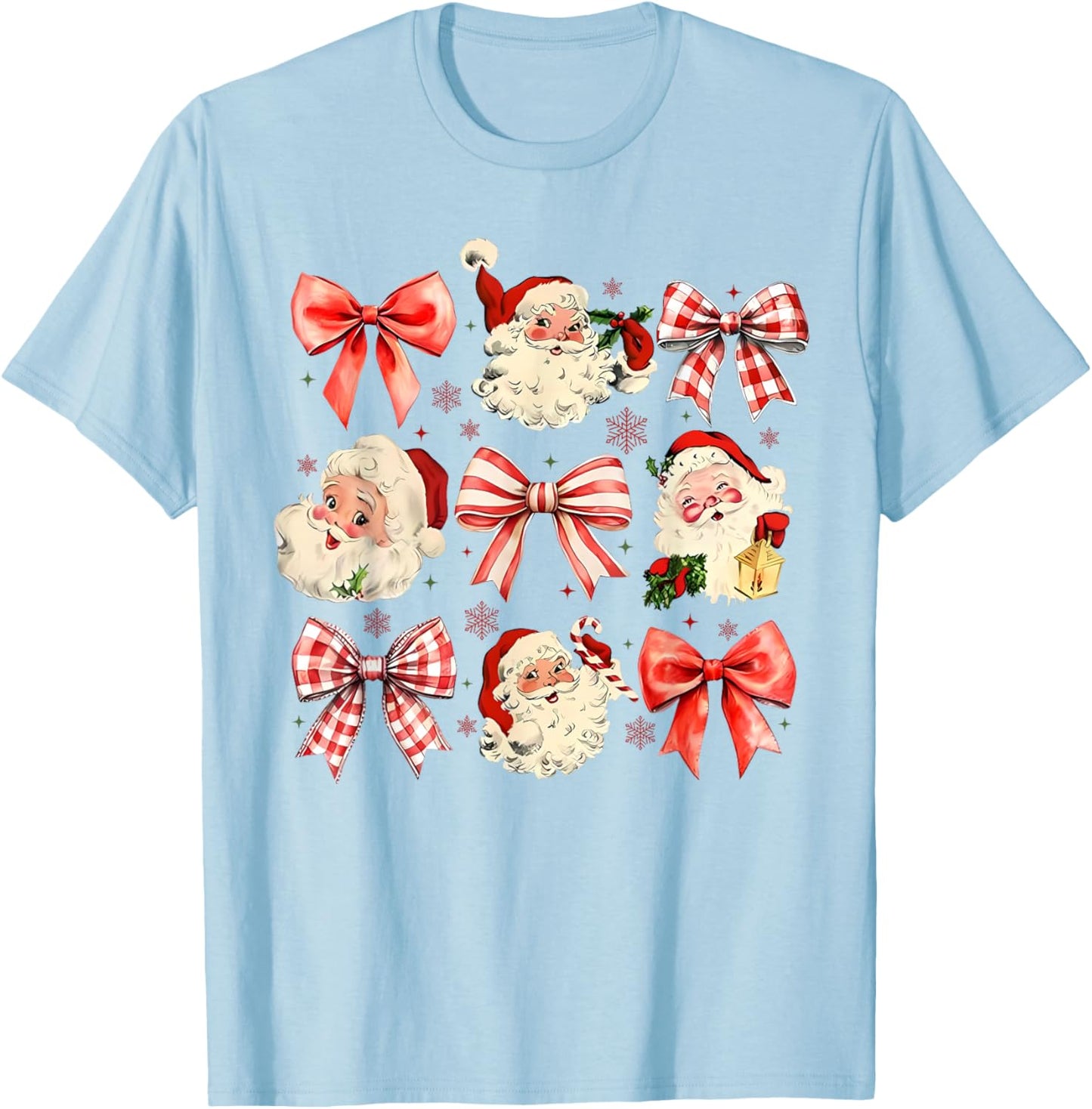 Retro Coquette Santa Red Bows Christmas Girl T-Shirt - T-Shirt | Light Blue