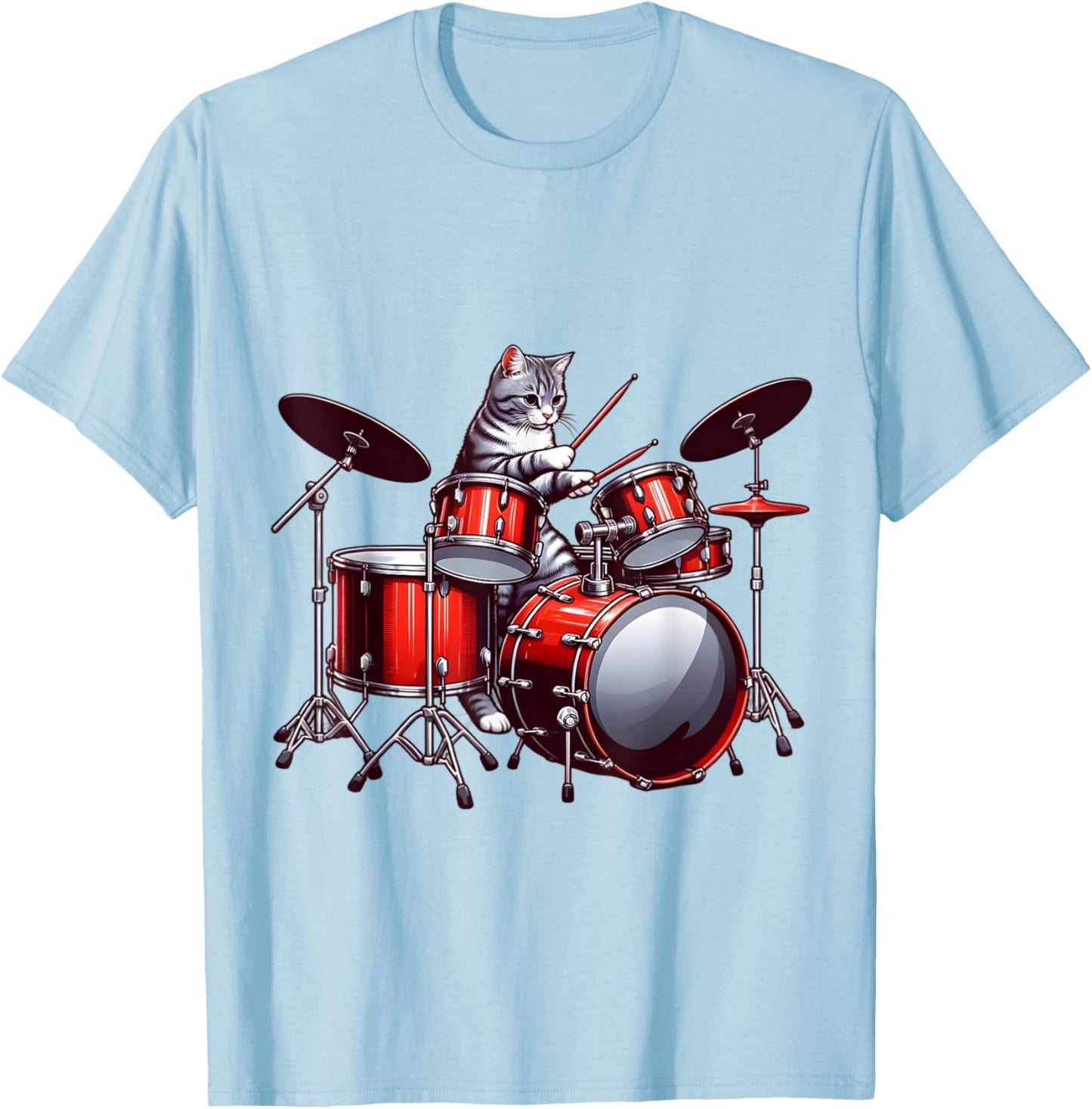 Cat Playing Drums Funny Percussionist Drummer Cat Graphic T-Shirt - T-Shirt | Light Blue