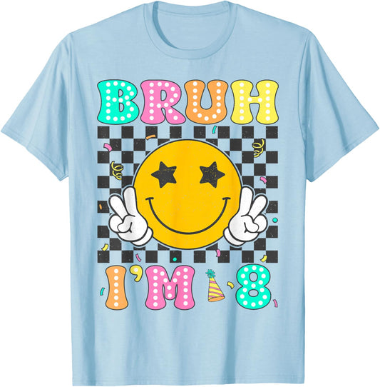 Bruh I'm 8 Years Old Boys Girls Retro Groovy 8th Birthday T-Shirt - T-Shirt | Light Blue