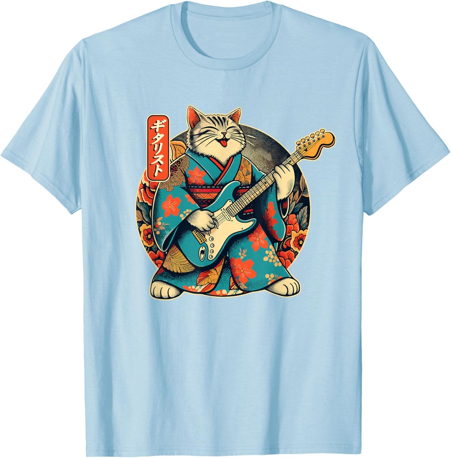 Japanese Samurai Cat Playing The Electric Guitar T-Shirt - T-Shirt | Light Blue
