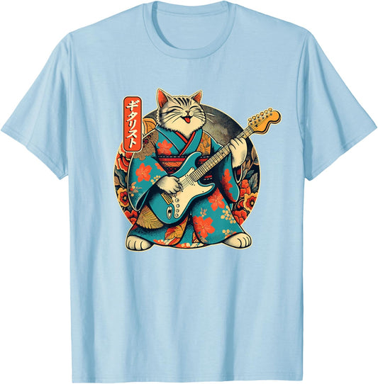 Japanese Samurai Cat Playing The Electric Guitar T-Shirt - T-Shirt | Light Blue