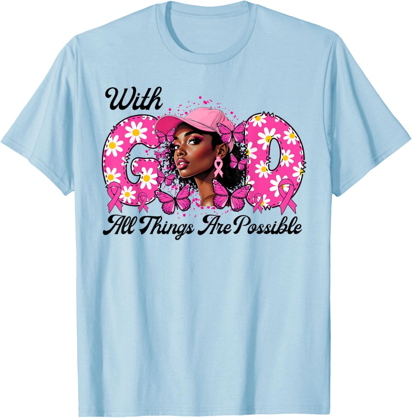 Black Afro Women Butterflies Breast Cancer Awareness Support T-Shirt - T-Shirt | Light Blue