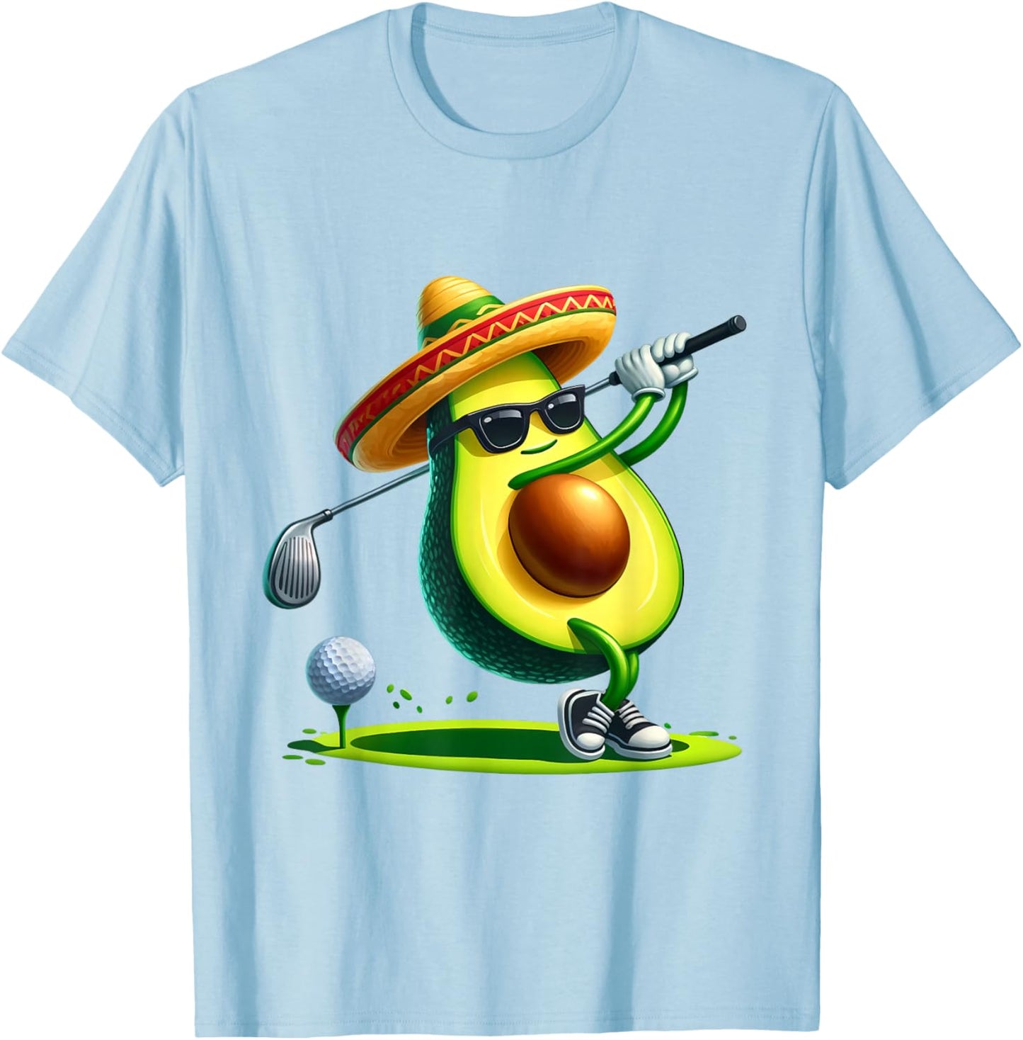 Funny Cinco De Mayo Avocado Showing Golf Skills Golf Players T-Shirt - T-Shirt | Light Blue