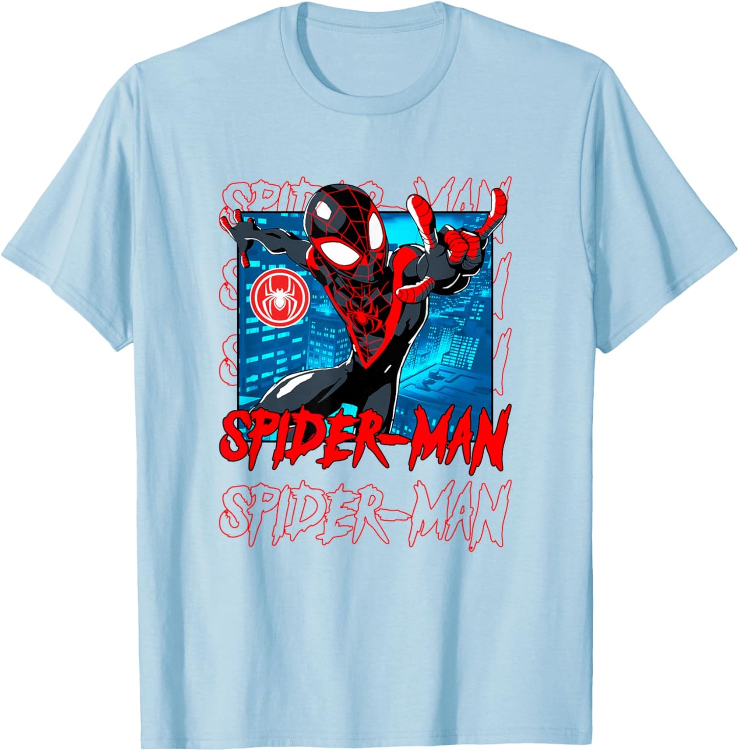 Marvel Comics Spider-Man Miles Morales Spider Emblem Panel T-Shirt - T-Shirt | Light Blue
