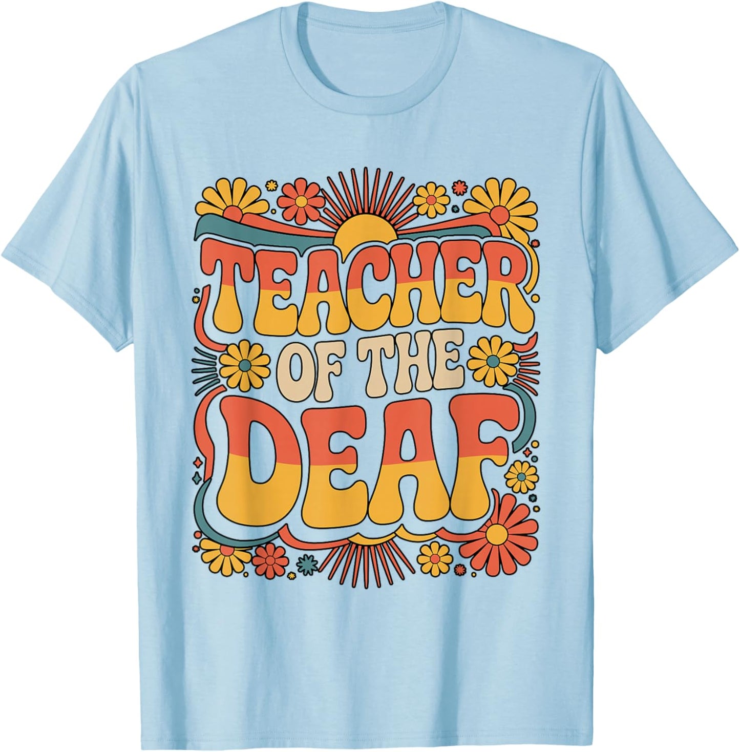 Teacher of the Deaf Rainbow Hands Typography T-Shirt - T-Shirt | Light Blue