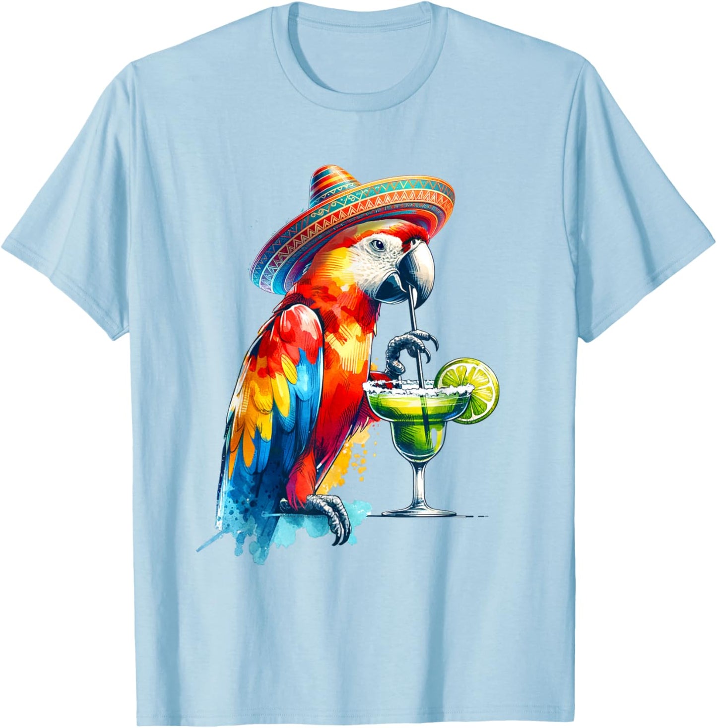 Cinco de Mayo Mexican Sombrero Parrot Drinking a Margarita T-Shirt - T-Shirt | Light Blue
