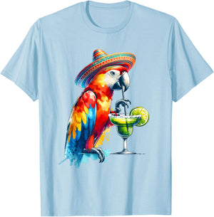 Cinco de Mayo Mexican Sombrero Parrot Drinking a Margarita T-Shirt - T-Shirt | Light Blue