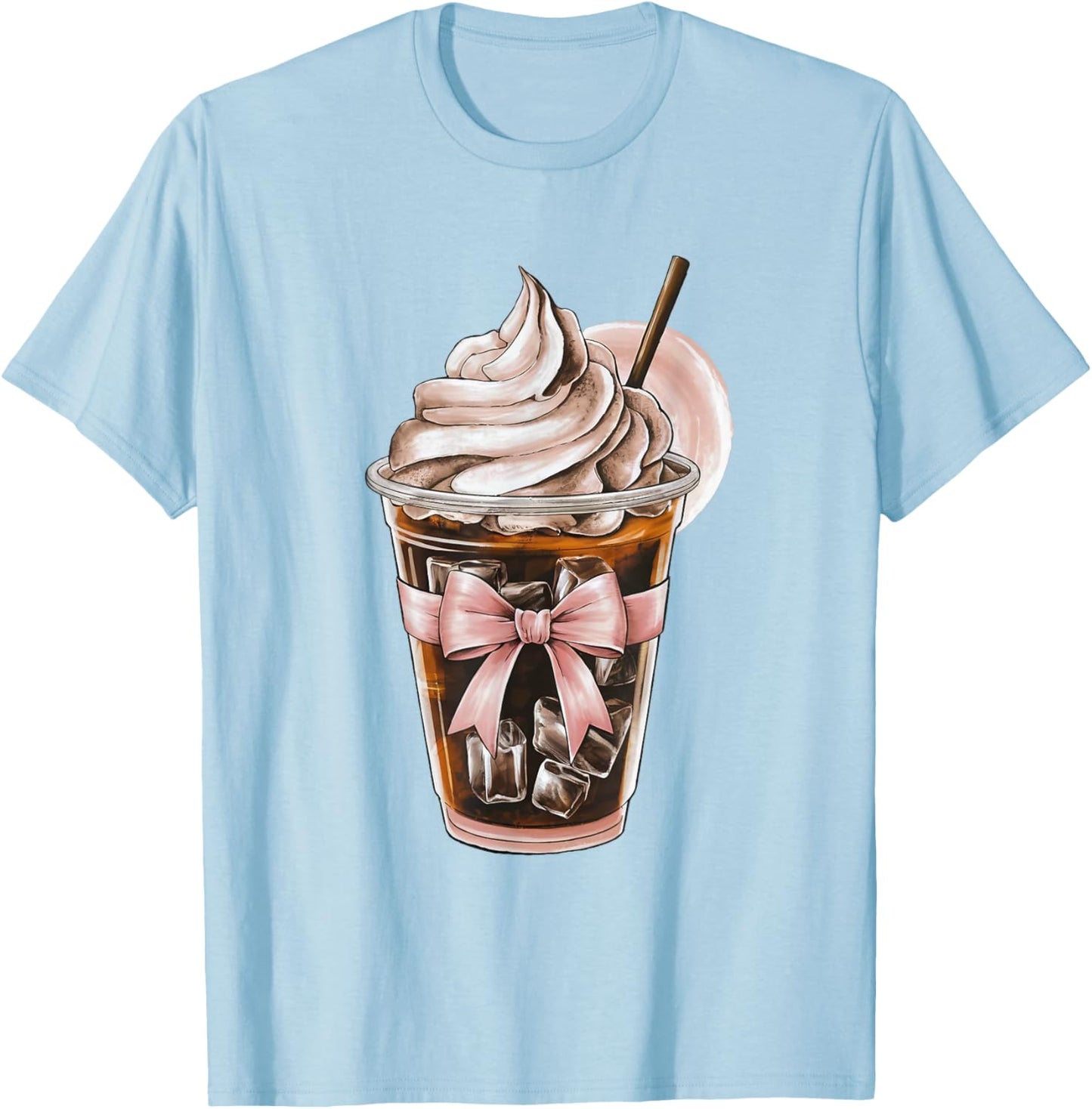 Cute Pink Bow Coquette Iced Coffee Lover Girl Aesthetic Mom T-Shirt - T-Shirt | Light Blue