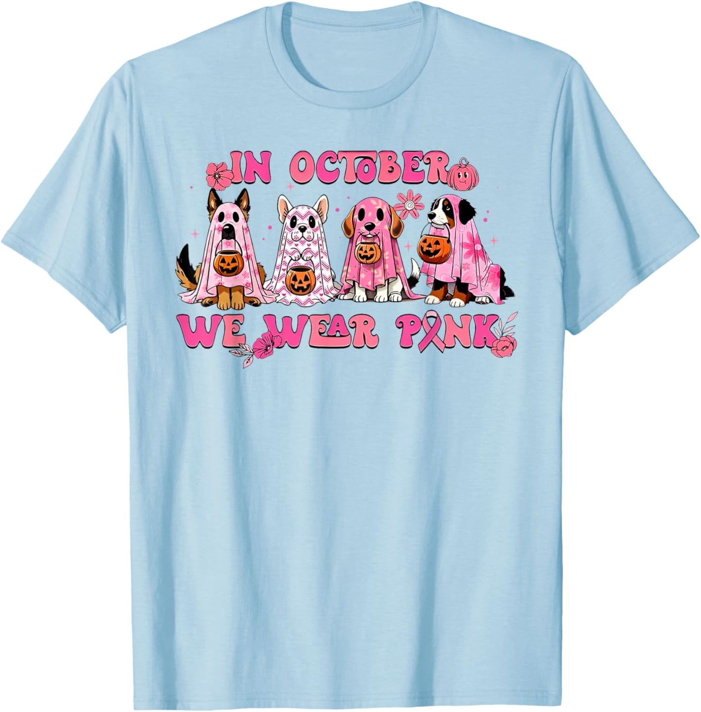 In October We Wear Pink Dog Ghost Breast Cancer Awareness T-Shirt - T-Shirt | Light Blue