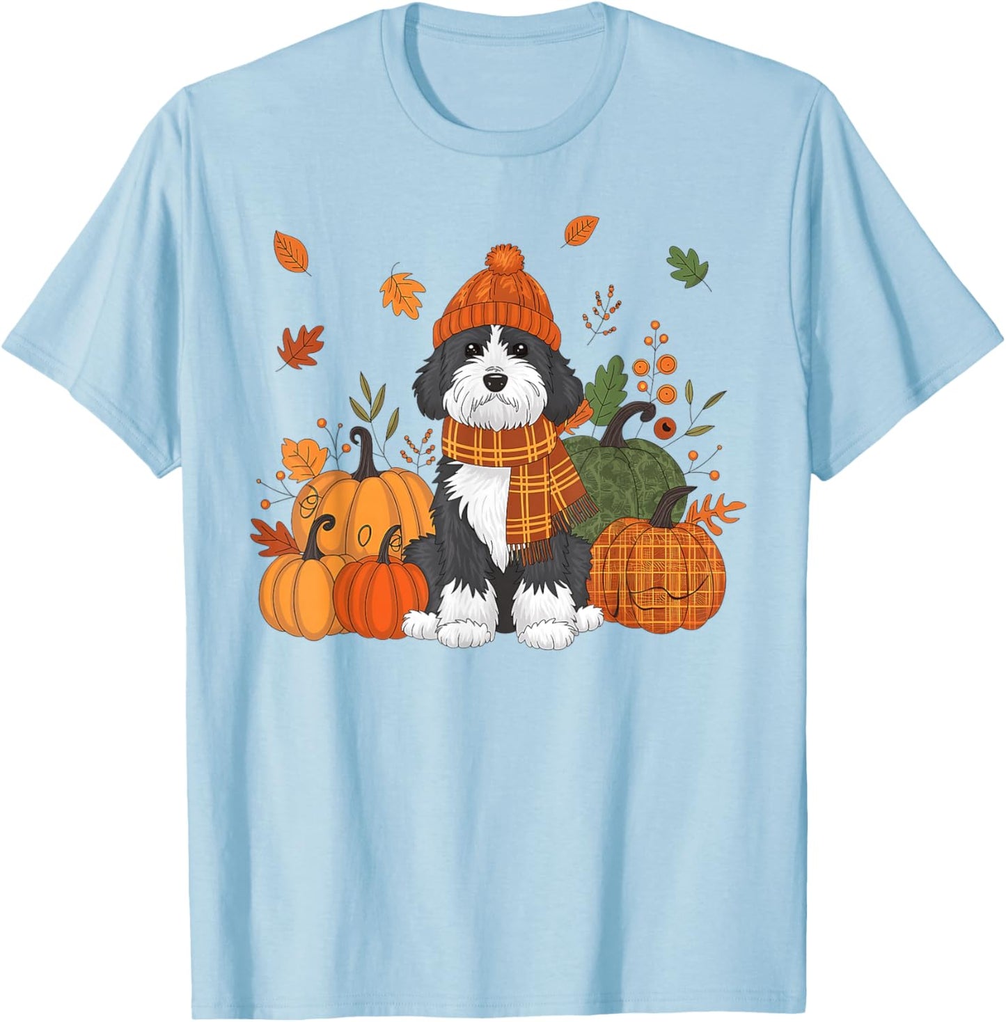 Bernedoodle Thanksgiving Leopard Pumpkins Fall Leaves Lover T-Shirt - T-Shirt | Light Blue