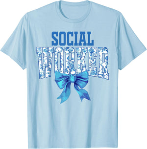 Social Worker Toile Floral Coquette Bow Month Graduation T-Shirt - T-Shirt | Light Blue