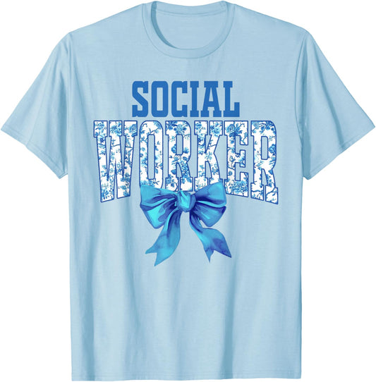 Social Worker Toile Floral Coquette Bow Month Graduation T-Shirt - T-Shirt | Light Blue