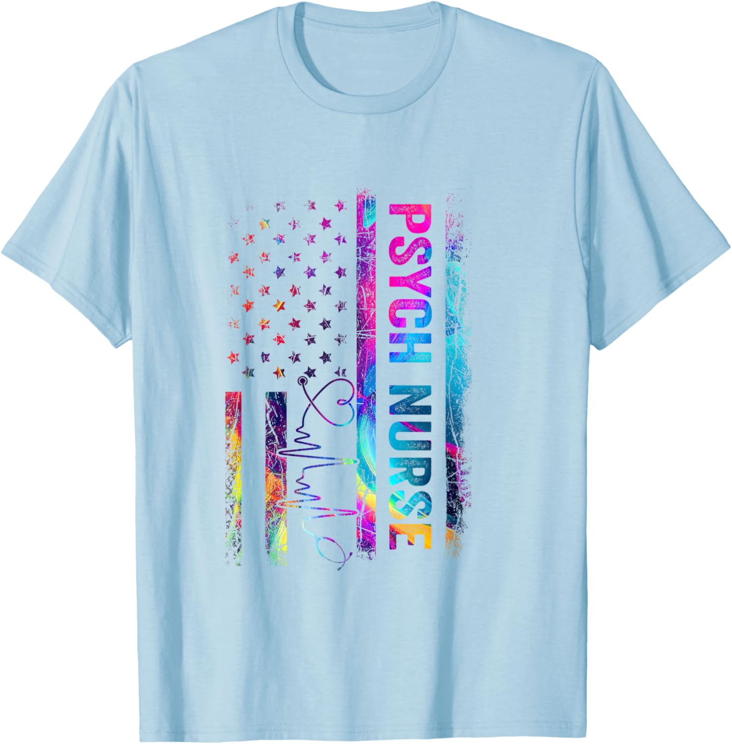 Psych Nurse Tie Dye American Flag Patriotic Nurse Day T-Shirt - T-Shirt | Light Blue