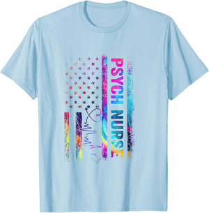 Psych Nurse Tie Dye American Flag Patriotic Nurse Day T-Shirt - T-Shirt | Light Blue