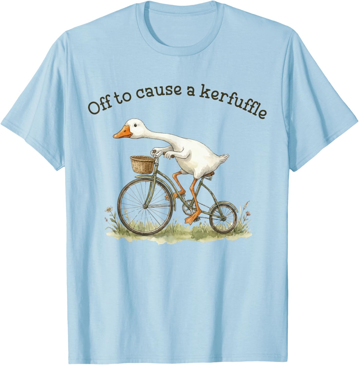Off to Cause A Kerfuffle Funny Weird Goose Riding Bicycle T-Shirt - T-Shirt | Light Blue
