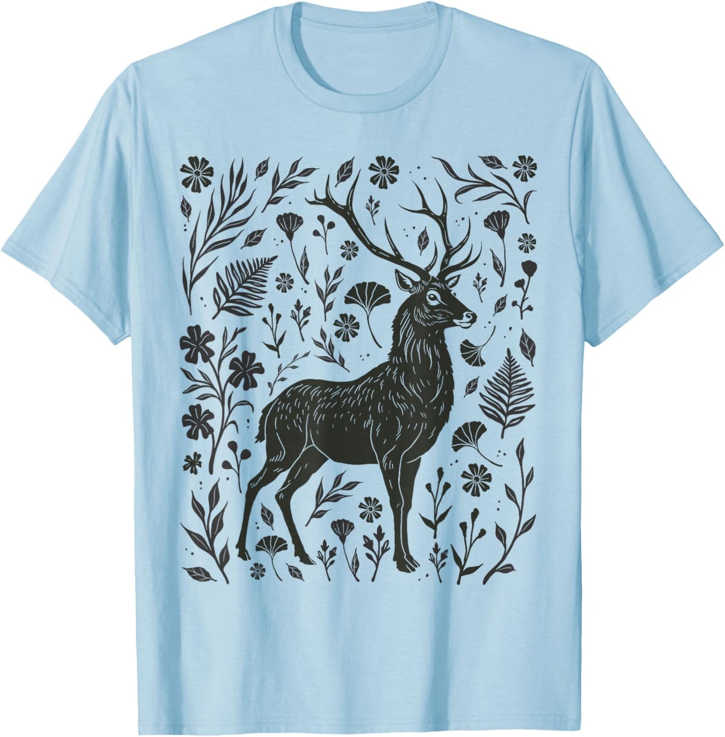 Folklore Forest Stag Linocut Nature Lino Print Deer Folk Art T-Shirt - T-Shirt | Light Blue